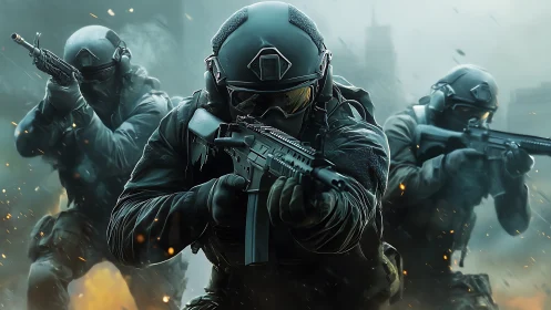 Tactical assault squad in dynamic 3D combat composition.