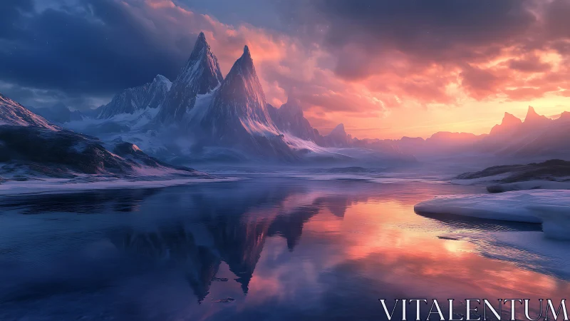 Frozen spires drink the sunrise fire in mirrored stillness