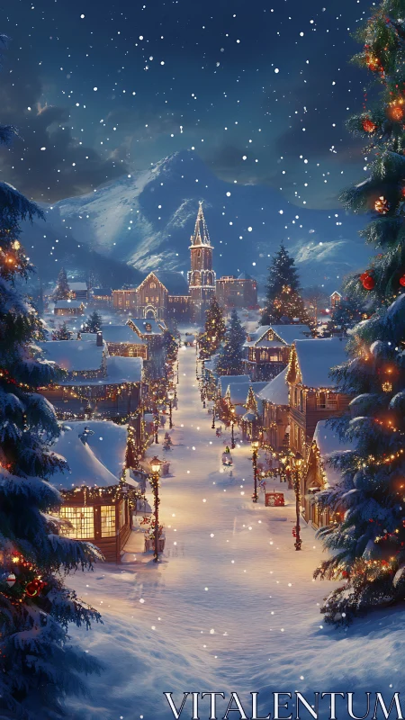 Snowlit alpine village street with festive church tower.