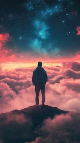 Solitary figure stands above clouds below star-filled sky