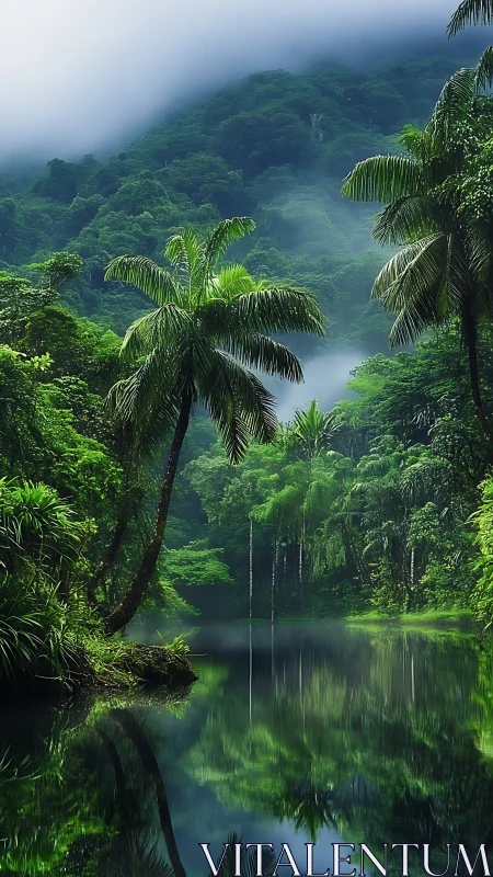 Misty jungle lagoon wrapped in lush, peaceful green calm.