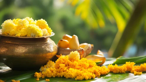 Marigold garlands and brass pot on tropical ritual setting.