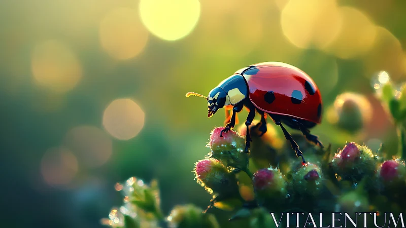 Sunlit ladybug explores dew-kissed buds in dreamy bokeh glow