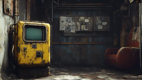 Aged yellow monitor anchors a decayed industrial interior scene
