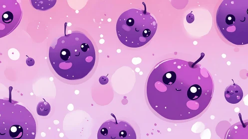 Playful kawaii purple berries float in a dreamy pink sky