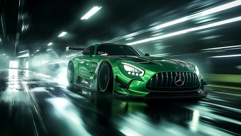 Emerald race car explodes through neon tunnel in motion