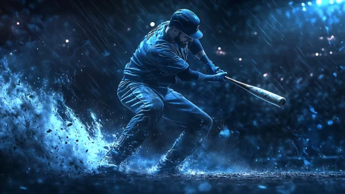 Digital rendering shows baseball batter swinging in heavy rain