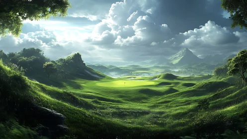 Hyperreal luminous golf valley under volumetric stormlight.
