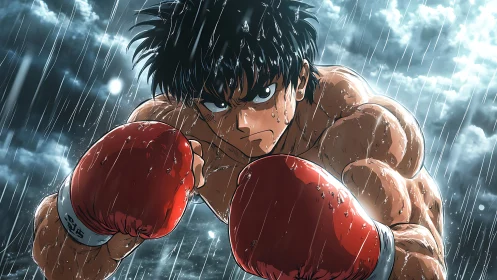 Anime boxer character executing combat stance in dramatic rainstorm with volumetric atmospheric effe