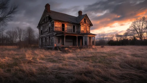 Weathered farmhouse glows under eerie sunset sky in fields.