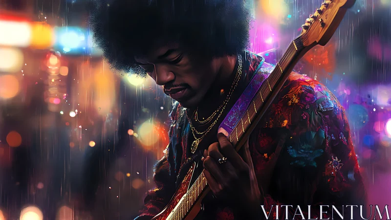 Soulful guitarist in neon rain channels intimate night groove