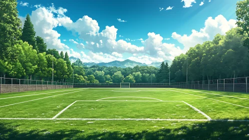 Soccer field viewed from corner with trees and distant hills