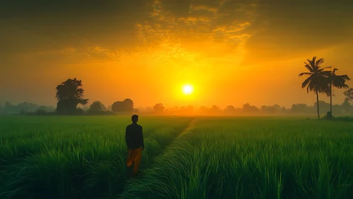 Sunrise over misty rice field with solitary walking figure.