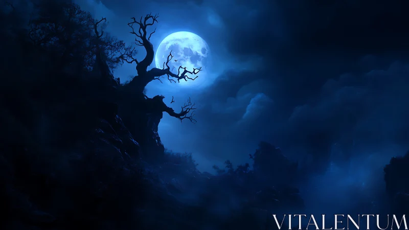 Moonlit haunted tree over misty blue nocturnal valley.