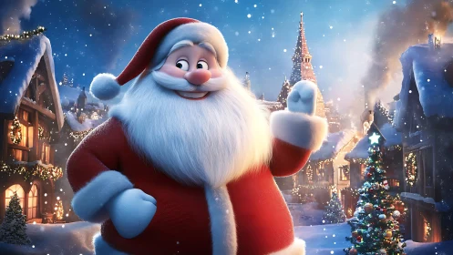 Digital Santa Claus in snowy festive village setting.