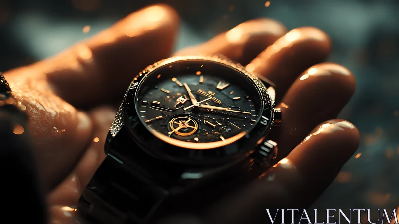 Luxury wristwatch glows in a hand under golden waterlight