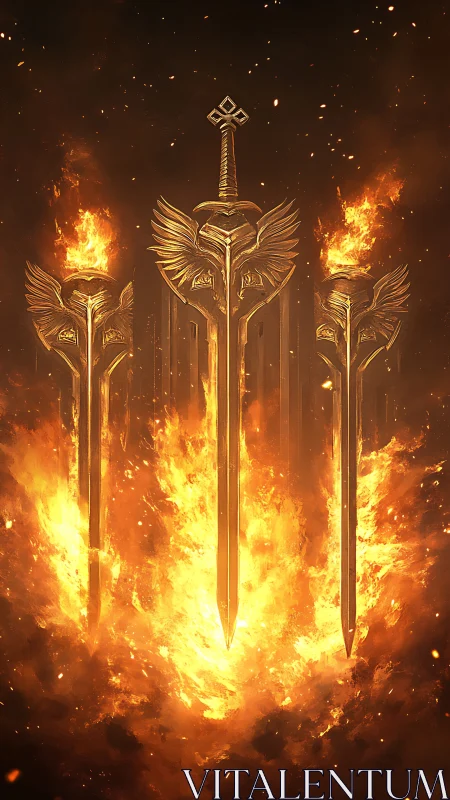 Three Ornate Golden Swords Rendered in Dramatic Flaming Inferno Effect