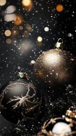 Midnight baubles glitter under snowfall and champagne lights.