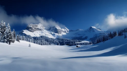 Snowbound alpine valley beneath rugged winter mountains.