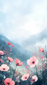Pink Poppies Dance Among Misty Mountain Peaks