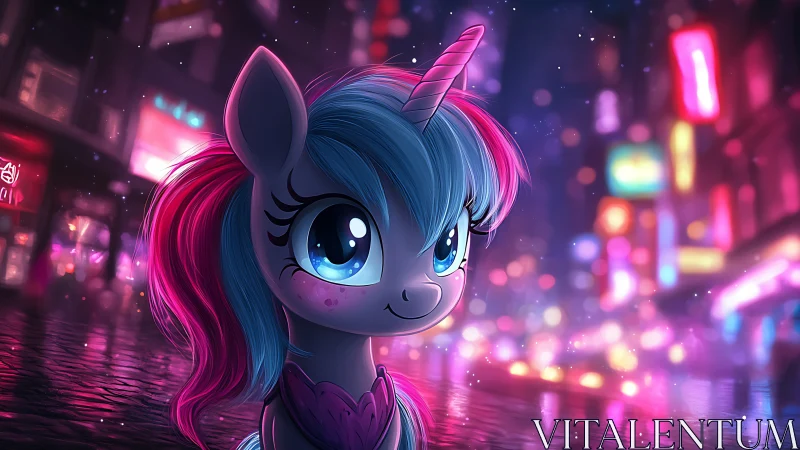 Cute neon unicorn pony in glowing city street at night.