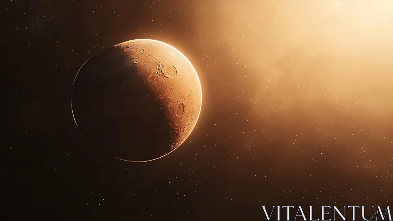 Crescent Mars rendered in warm solar backlight glow.