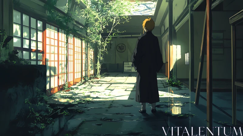 Sunlit temple hallway waits as a lone wanderer listens