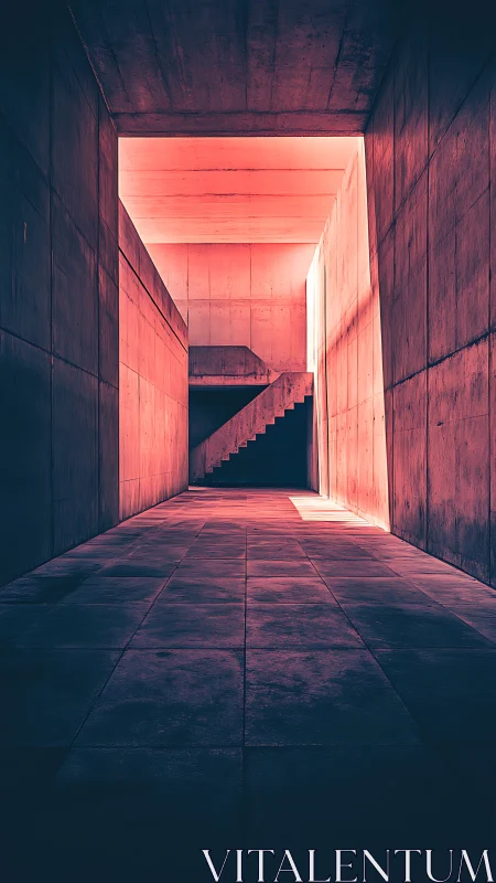Brutalist concrete corridor with axial light and hidden stairwell.