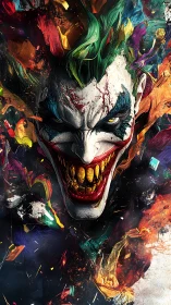 Paint-smeared clown face emerges from chaotic color field