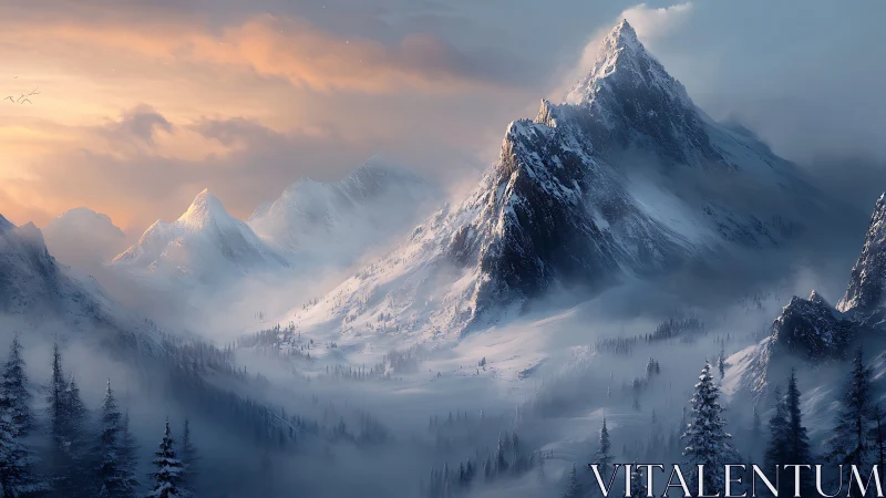 Snow covered mountain ridge rises through mist at sunrise