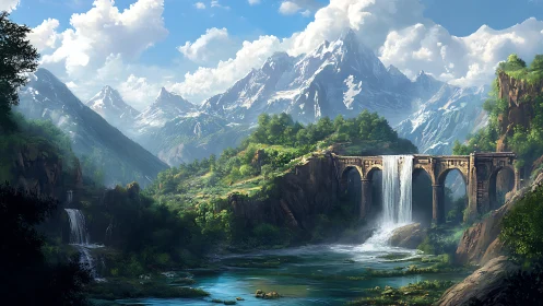 Stone bridge and waterfall in expansive mountain valley.