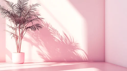 Soft pink corner with sunlit palm and gentle shadows.