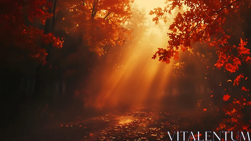 Volumetric sunlight piercing dense autumnal forest canopy.