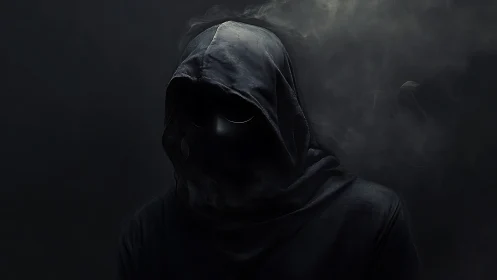 Hooded shadow figure emerges from dark smoke filled void