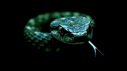 Green snake head in sharp focus against dark black background