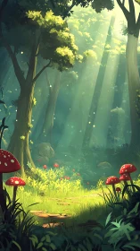 Illuminated Forest Clearing with Toadstool Vegetation.