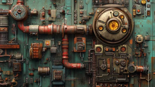 Industrial steampunk control wall with weathered machinery