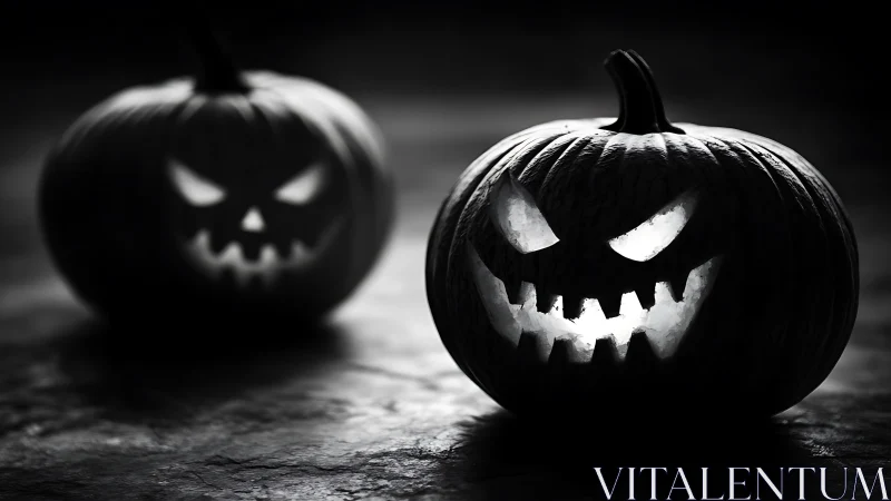 Moody monochrome jack-o&rsquo;-lanterns with dramatic side lighting.
