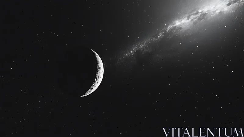 Crescent lunar surface against star field and galaxy band.