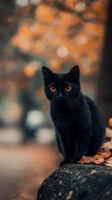 Black Cat with Glowing Amber Eyes in Autumn.