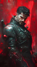Brooding warrior in crimson light, wrapped in quiet power.
