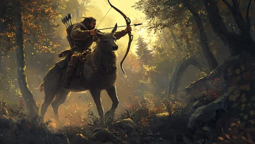 Elven archer on stag stalking prey in golden forest light.