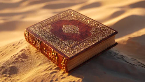 Photorealistic gilded tome on sunlit desert sand plane.