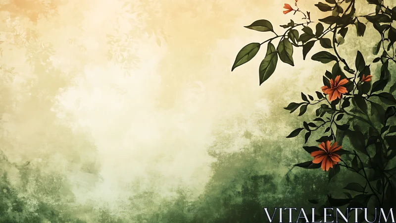 Orange flowers with green foliage against textured cream and green gradient background