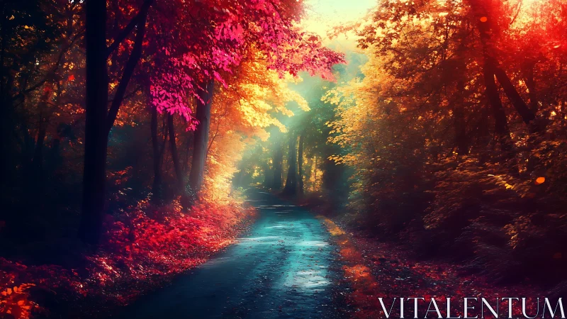 Forest Path with Luminous Autumn Light and Turquoise Stream.