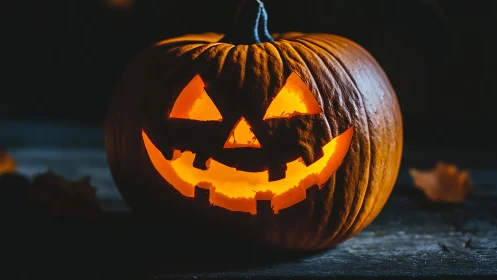 Carved jack o lantern pumpkin glowing on dark table.