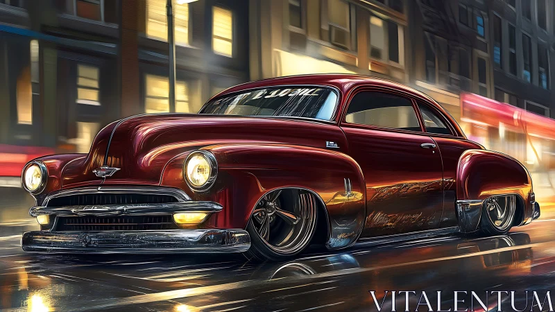 Midnight red classic glides through a glowing city street