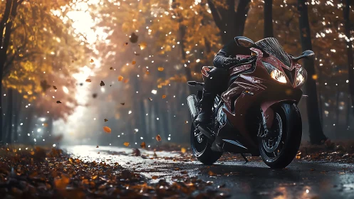 Midnight red motorcycle cruising through a glowing autumn lane.