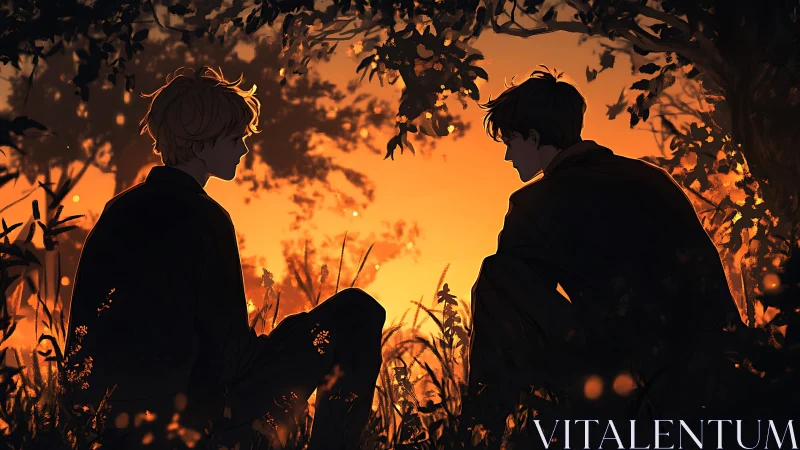 Sunset silhouettes frame two friends in quiet conversation.