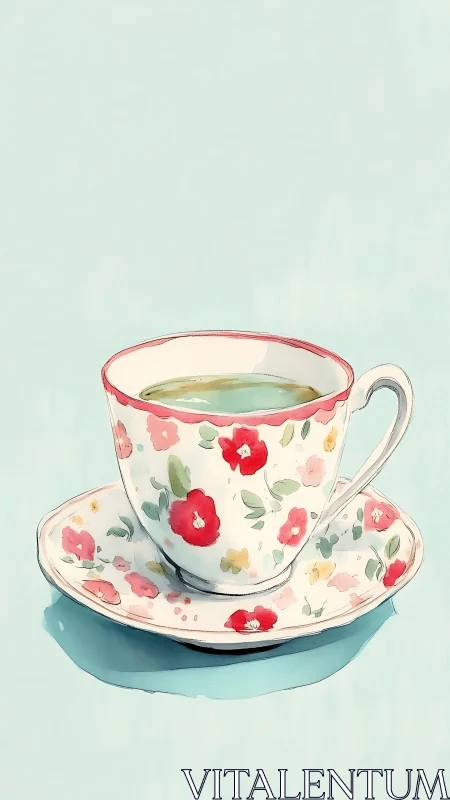 Floral porcelain teacup on pastel blue minimal backdrop.